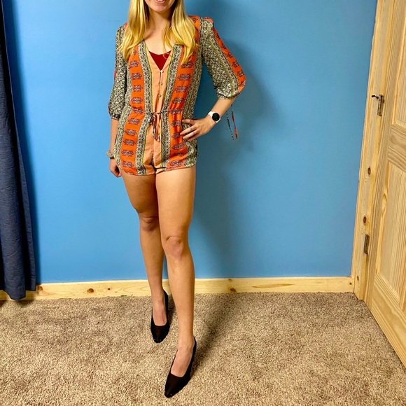 Lulus Boho Print Orange Button Romper Jumpsuit - Picture 5 of 11